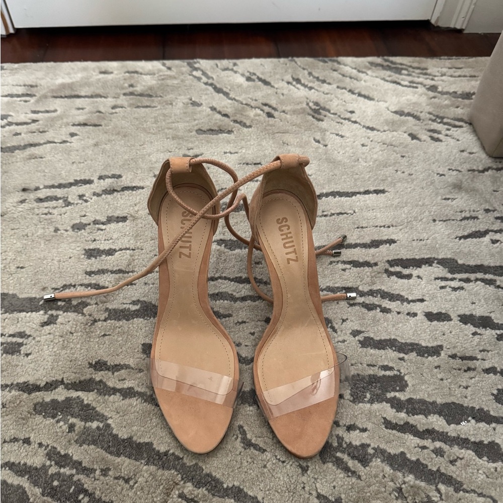 Schutz Women’s Tan Suede Lace-Up Sandals with Clear Strap